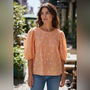 LOFT Peach Embroidered Puff-Sleeve Blouse